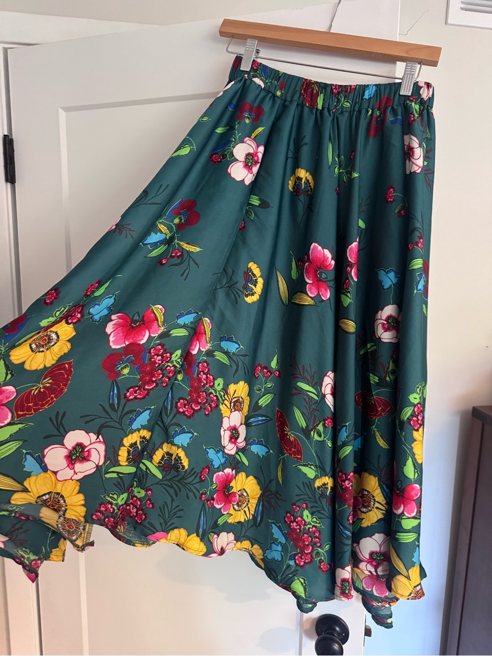 Anthropologie Teal Floral Maxi Skirt with Pink and Yellow Blooms
